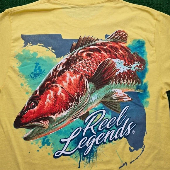 Reel Legends Tshirt Mens Medium Yellow Redfish Florida Graphic Tee Fishing NWT - Picture 2 of 7